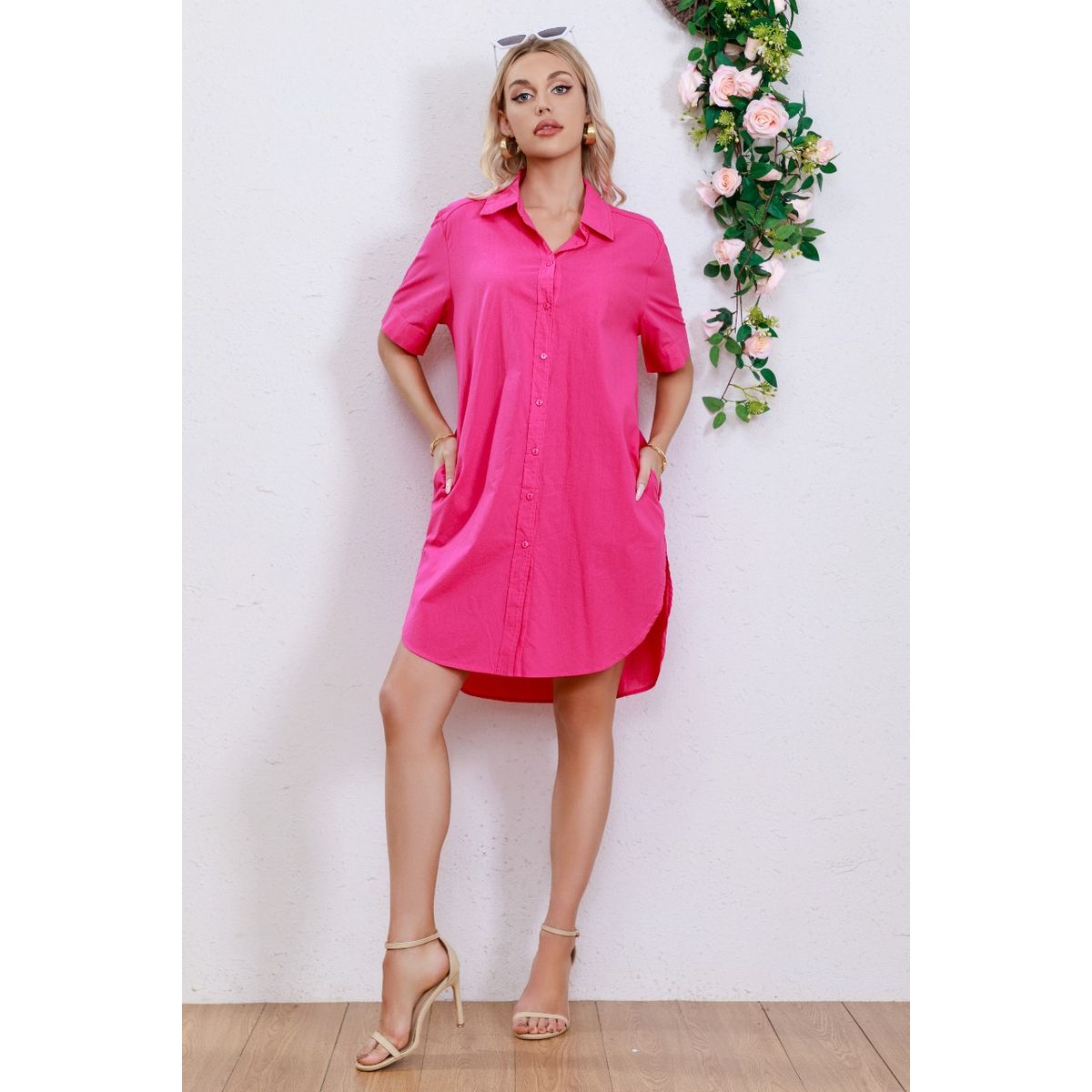 LIKE SHOP - Vestido Corto Algodón Mujer Blusón Manga Corta Botones 3276