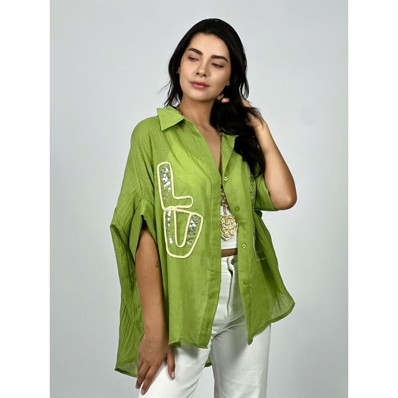 ENIGMATICA BOUTIQUE - Blusa Bordado LOVE con Lentejuelas - Verde - Único