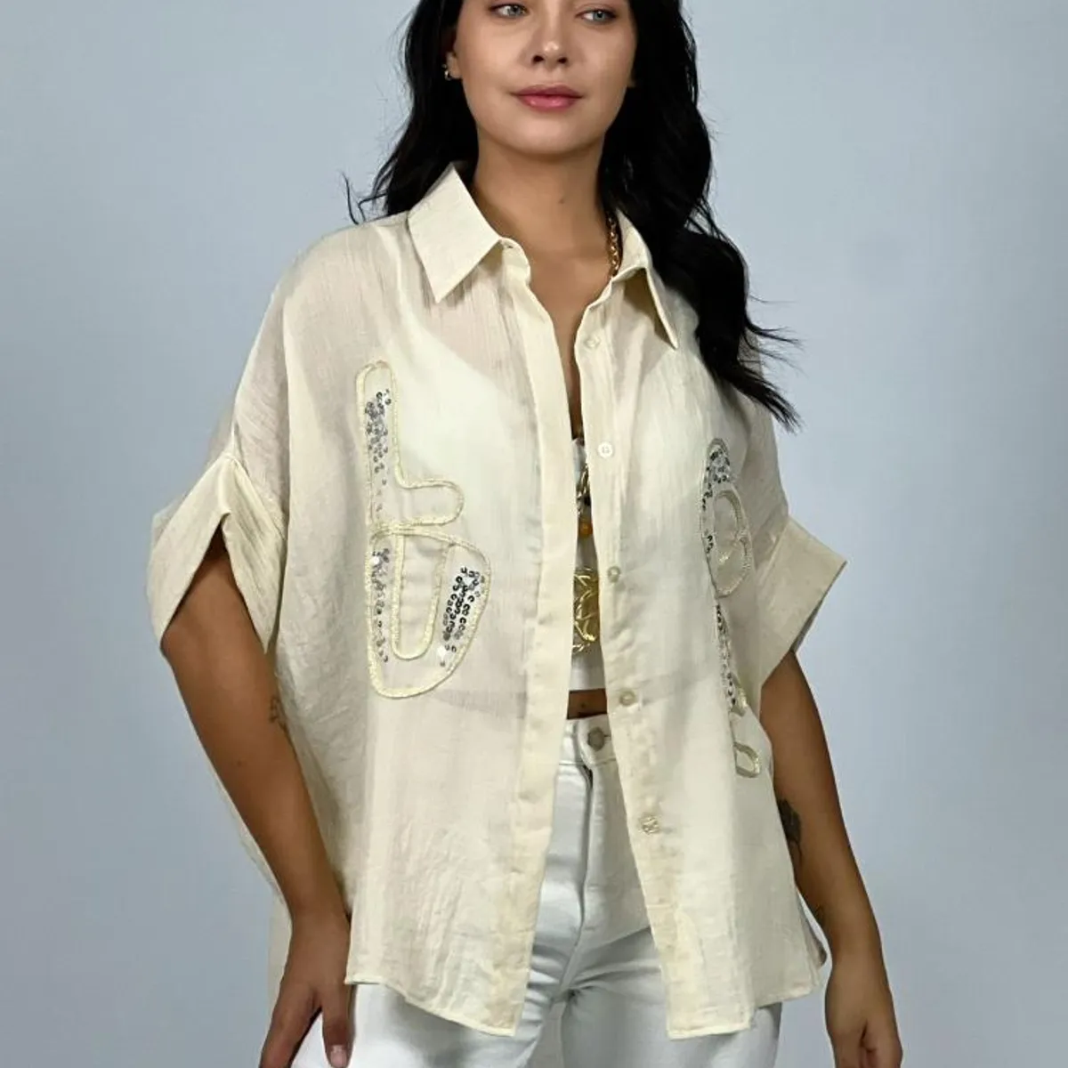 ENIGMATICA BOUTIQUE - Blusa Bordado LOVE con Lentejuelas - Verde - Único