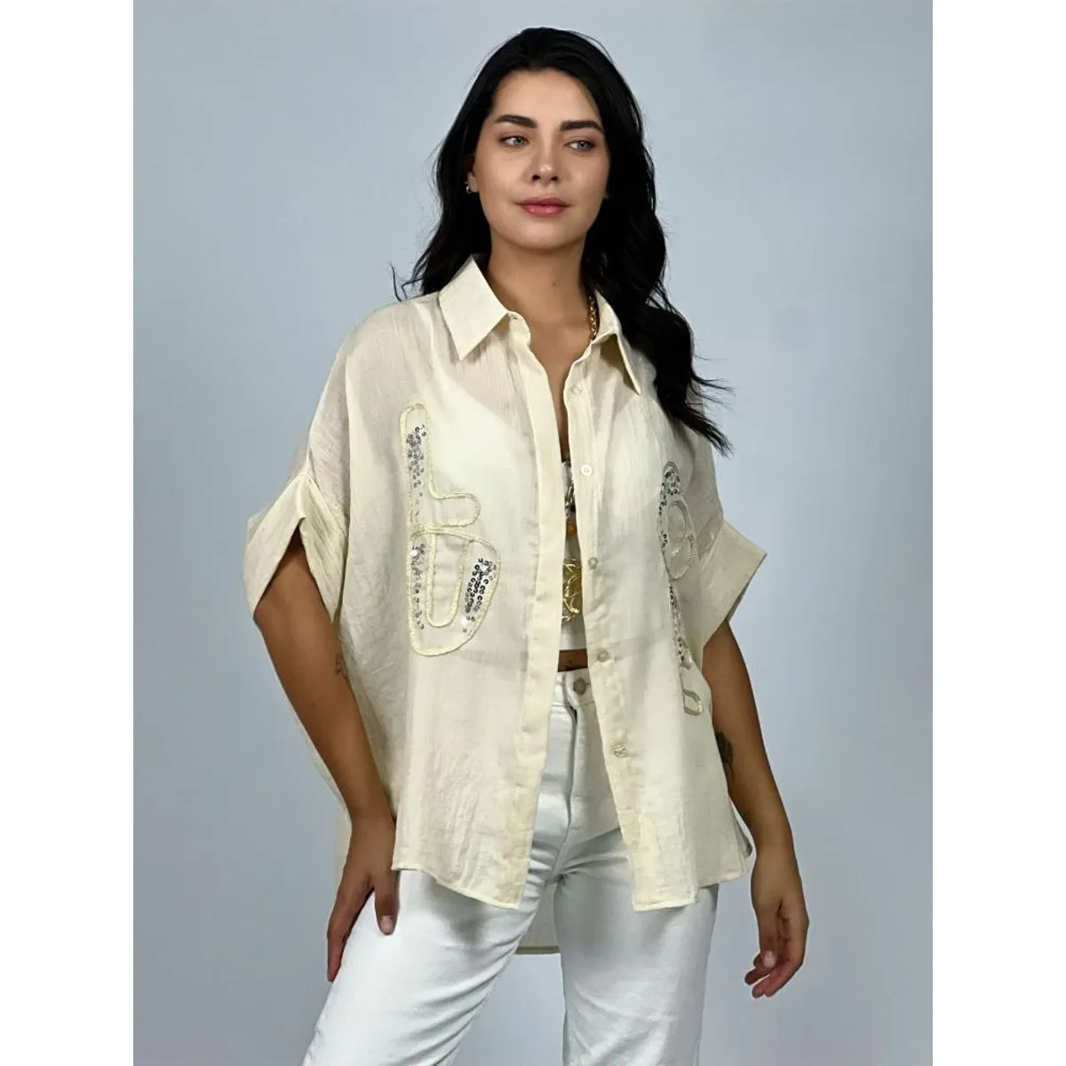 ENIGMATICA BOUTIQUE - Blusa Bordado LOVE con Lentejuelas - Verde - Único