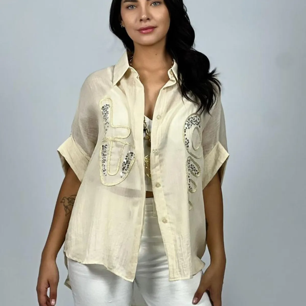 ENIGMATICA BOUTIQUE - Blusa Bordado LOVE con Lentejuelas - Verde - Único