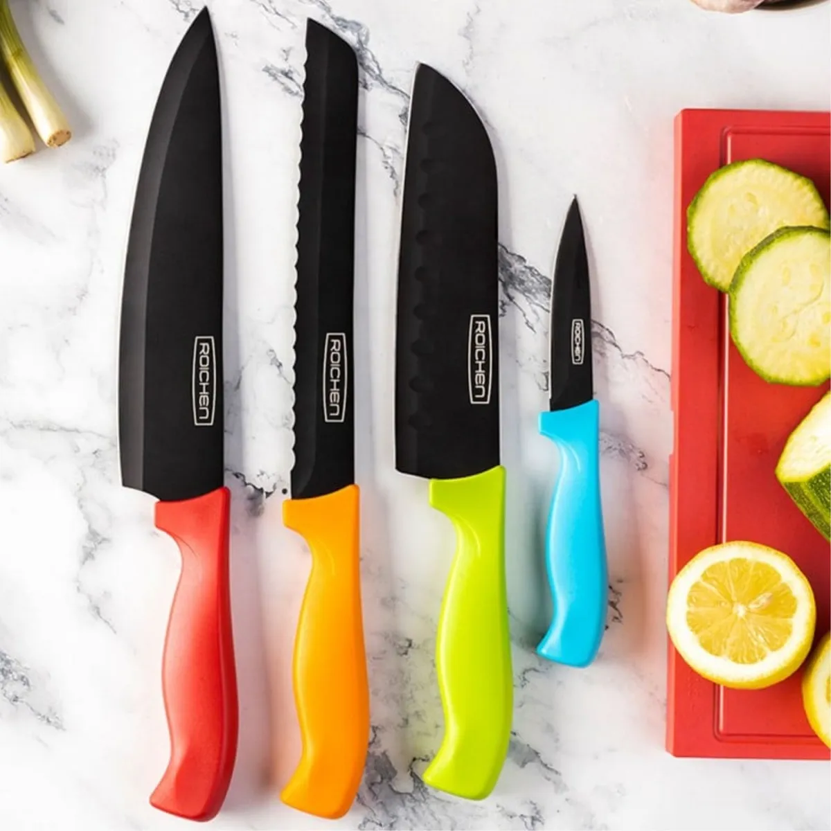 ROICHEN - Set cuchillos 5pcs Acero Esmaltado Natural Roichen