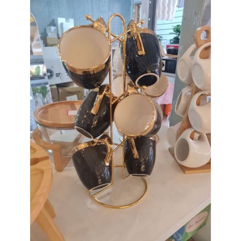 GENERICO - Set 6 Tazas con Base Elegante Negro y Dorado
