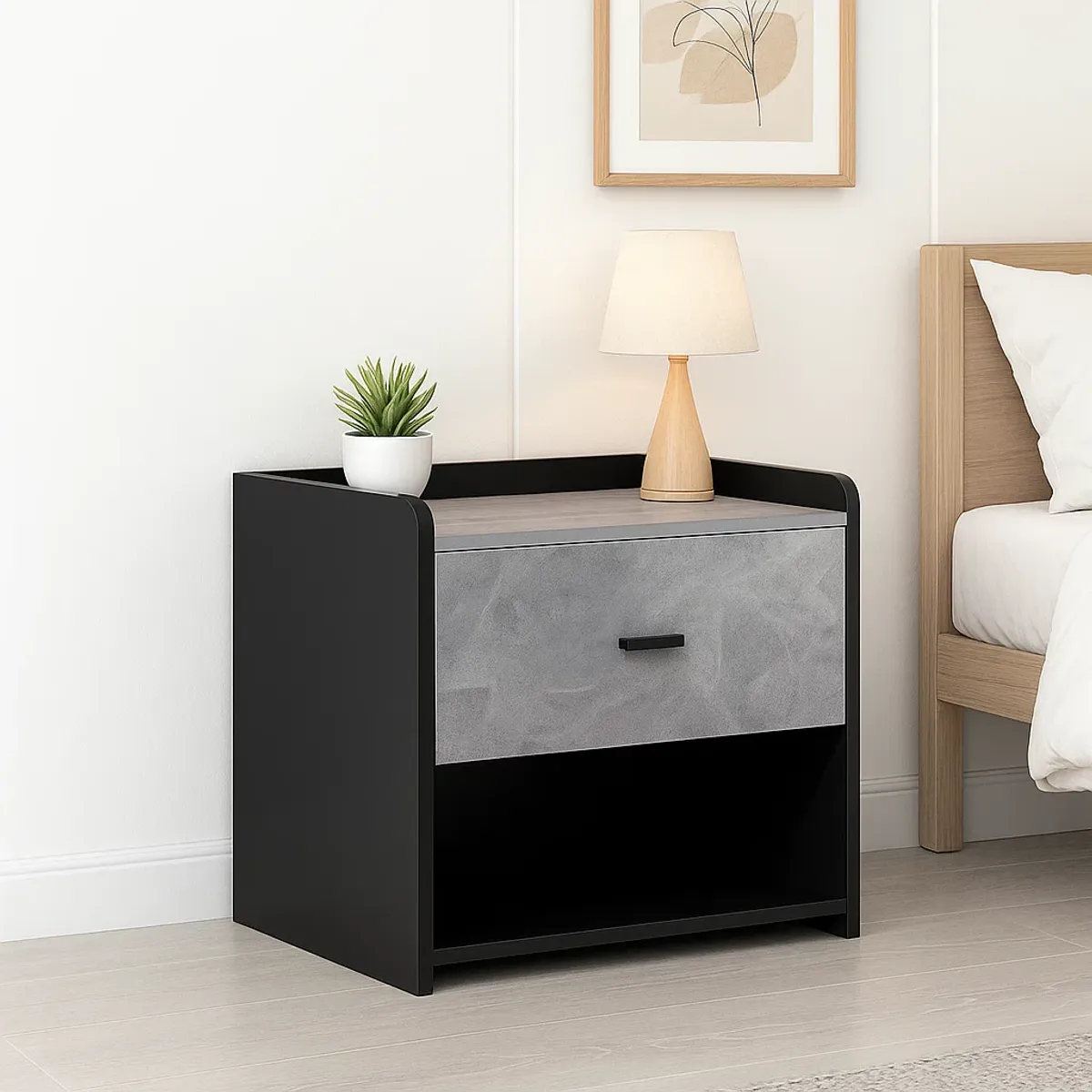 KLIK - Velador Marmol Gris Klik Moderno Negro Cajon Estante Alto