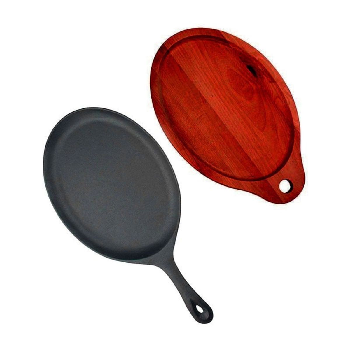 LUGANO - Plancha oval 24 cm Fierro y Base Madera Negro Lugano