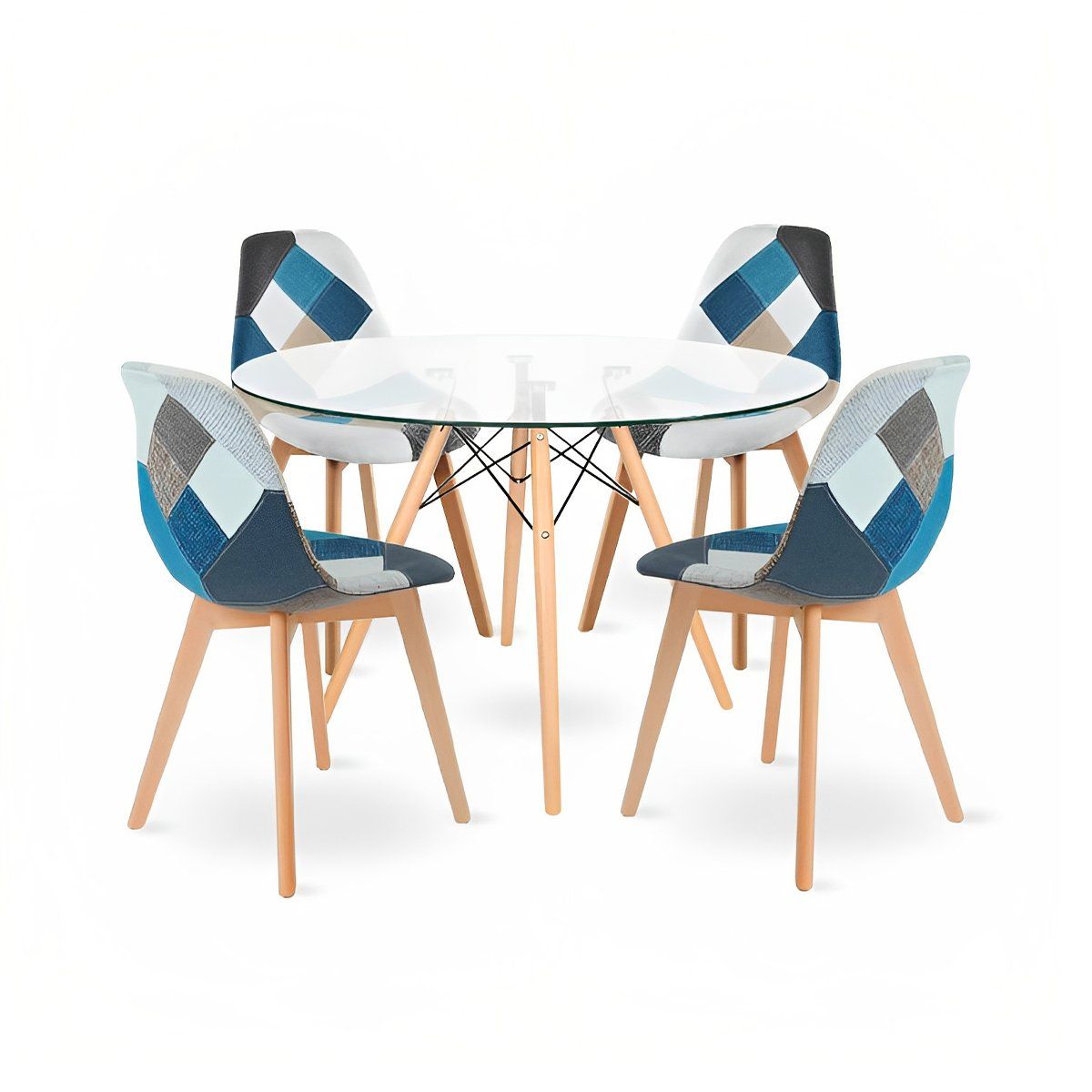 KLIK - Mesa Redonda vidrio 100cm + 4 Sillas Eames Patchwork Tela Wood Celeste