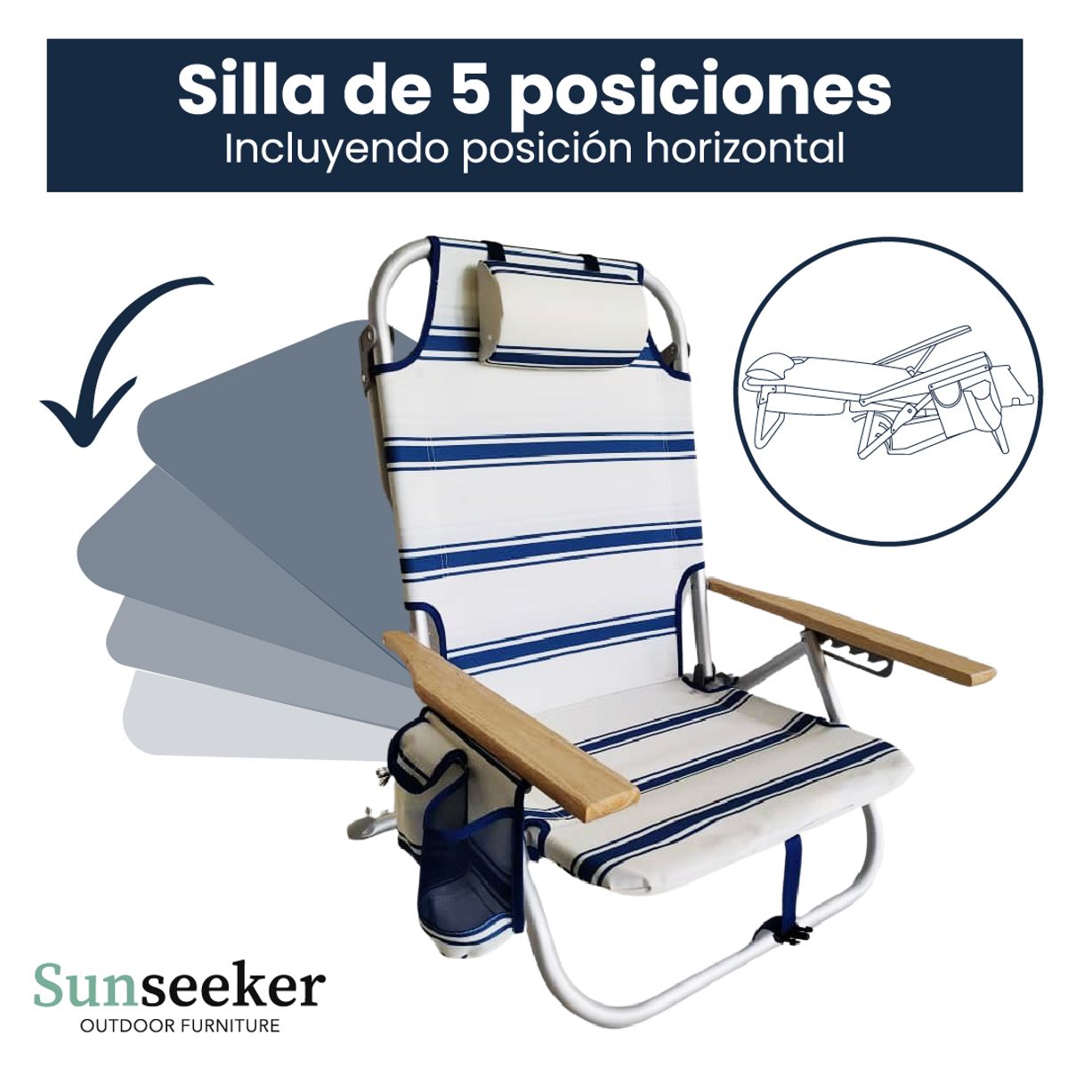 SUNSEEKER - Silla Playa 5 Posiciones Reposabrazos Madera Sunseeker