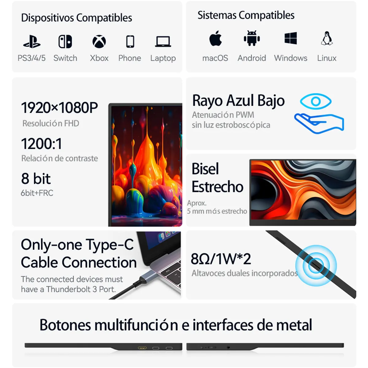 HIKERS - Monitor portátil 15.6 pulgadas 1080P FHD 60Hz HDMI USB-C