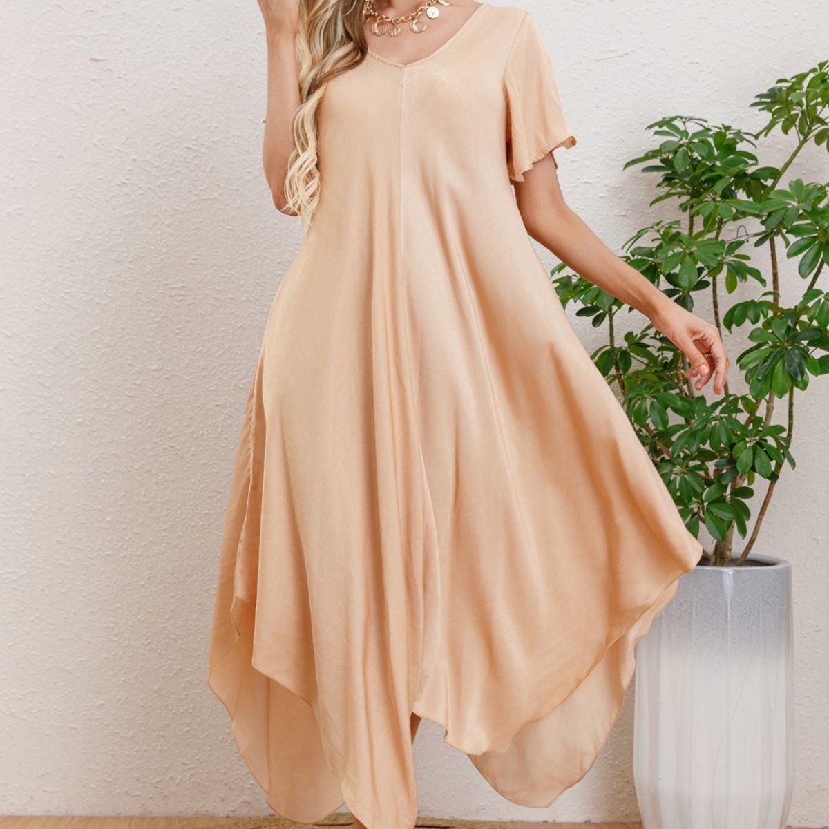 LIKE SHOP - Maxi Vestido Largo Asimétrico Manga Corta Verano Premium 3320