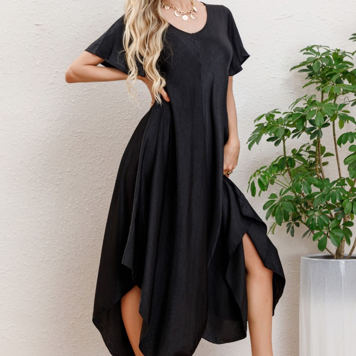 LIKE SHOP - Maxi Vestido Largo Asimétrico Manga Corta Verano Premium 3320