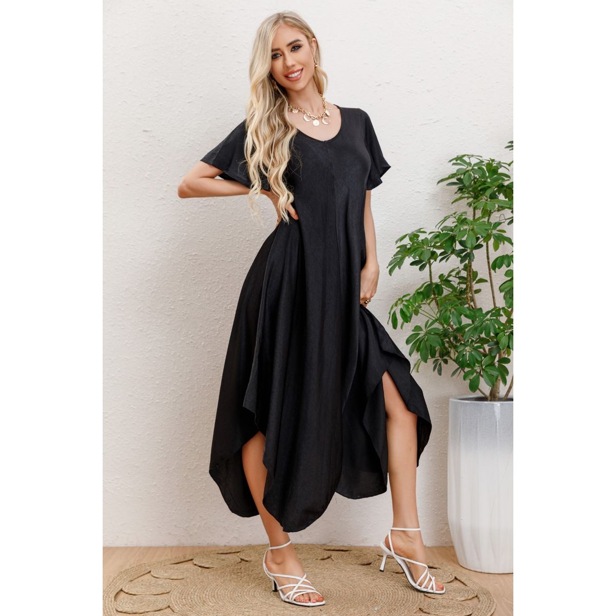 LIKE SHOP - Maxi Vestido Largo Asimétrico Manga Corta Verano Premium 3320