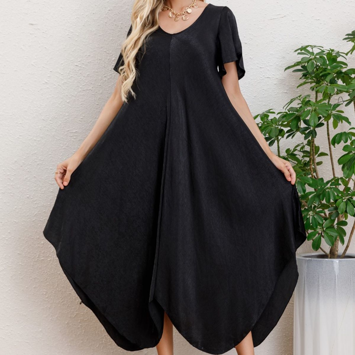 LIKE SHOP - Maxi Vestido Largo Asimétrico Manga Corta Verano Premium 3320