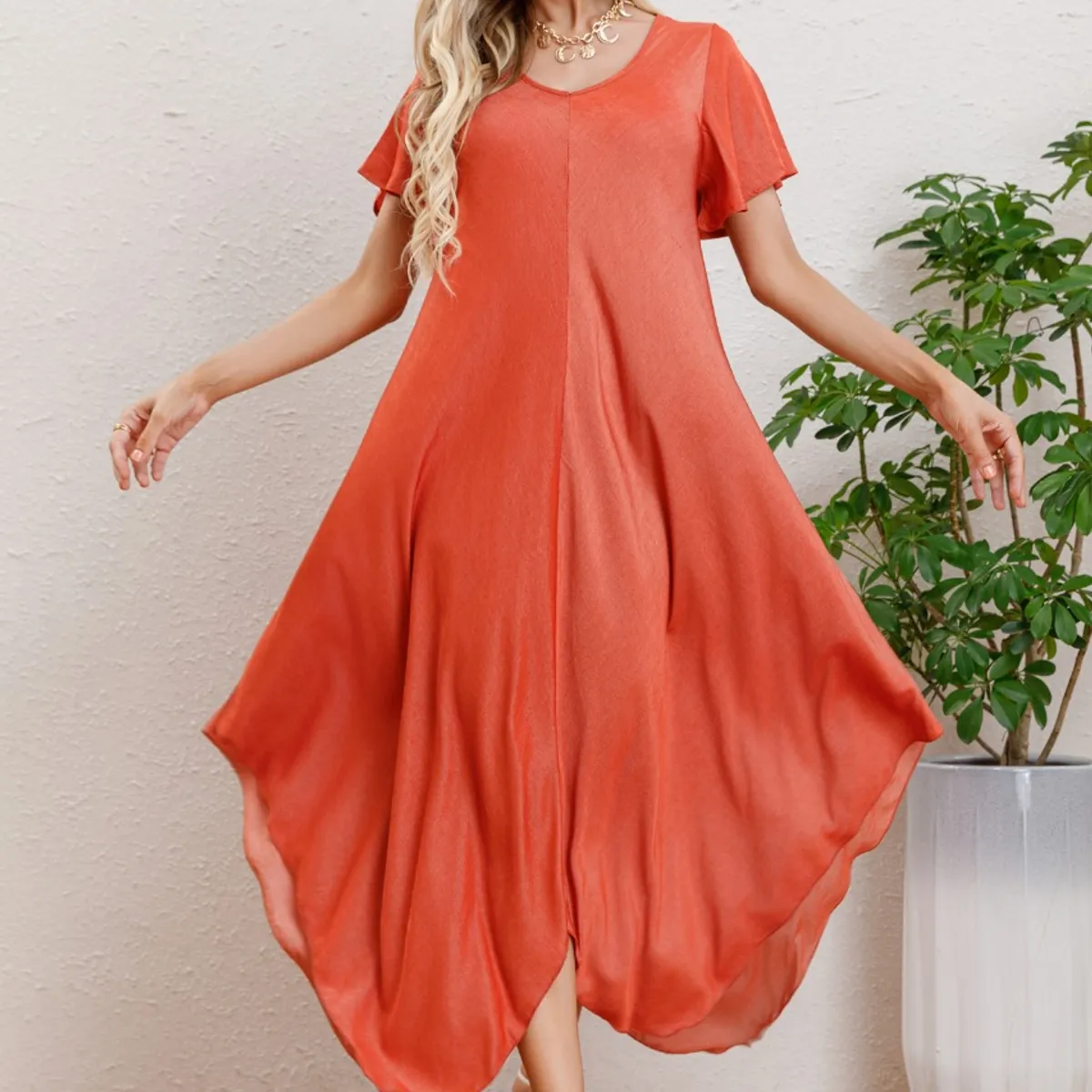 LIKE SHOP - Maxi Vestido Largo Asimétrico Manga Corta Verano Premium 3320