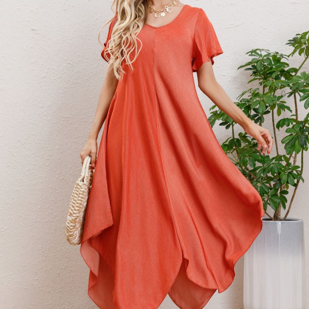 LIKE SHOP - Maxi Vestido Largo Asimétrico Manga Corta Verano Premium 3320