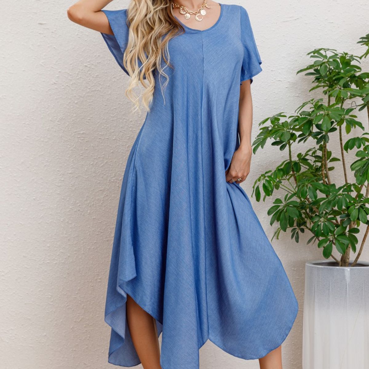 LIKE SHOP - Maxi Vestido Largo Asimétrico Manga Corta Verano Premium 3320