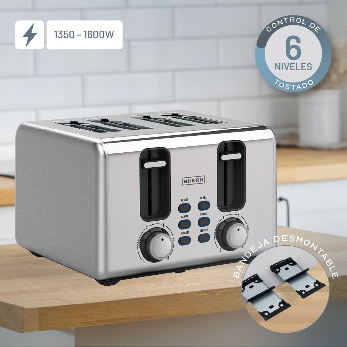 BHERN - Tostador Eléctrico Acero Inoxidable 4 Bhern 1 un Kiosclub