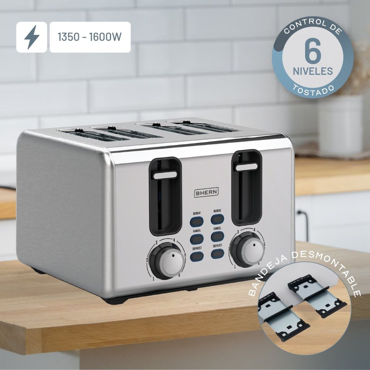 BHERN - Tostador Eléctrico Acero Inoxidable 4 Bhern 1 un