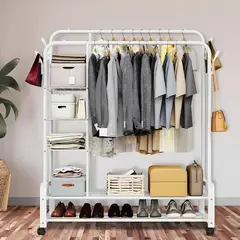 GENERICO - PERCHERO COLGADOR DE ROPA DOBLE BARRA CON ZAPATERA Y RUEDA