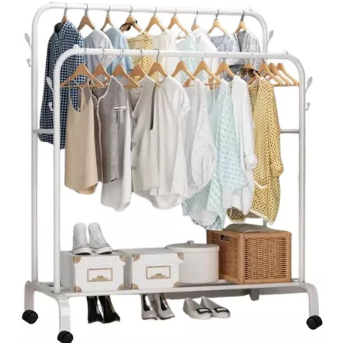 GENERICO - PERCHERO BLANCO COLGADOR DE ROPA DOBLE BARRA CON RUEDAS