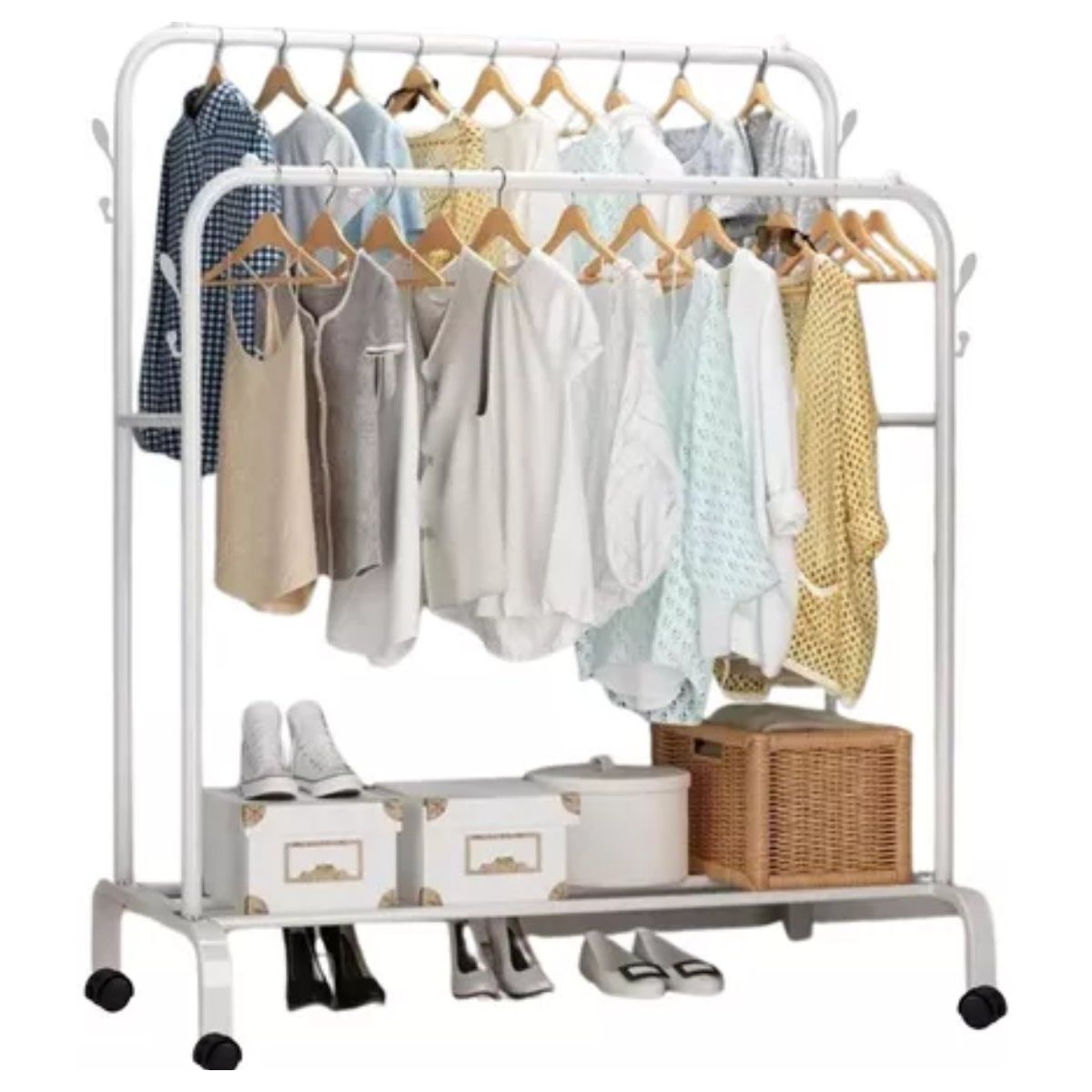 GENERICO - PERCHERO BLANCO COLGADOR DE ROPA DOBLE BARRA CON RUEDAS