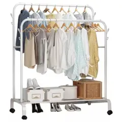 GENERICO - PERCHERO BLANCO COLGADOR DE ROPA DOBLE BARRA CON RUEDAS