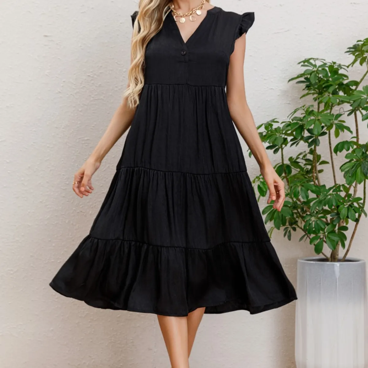 LIKE SHOP - Vestido Largo Algodon Primavera Mujer Cuello Mao Manga corta 3322