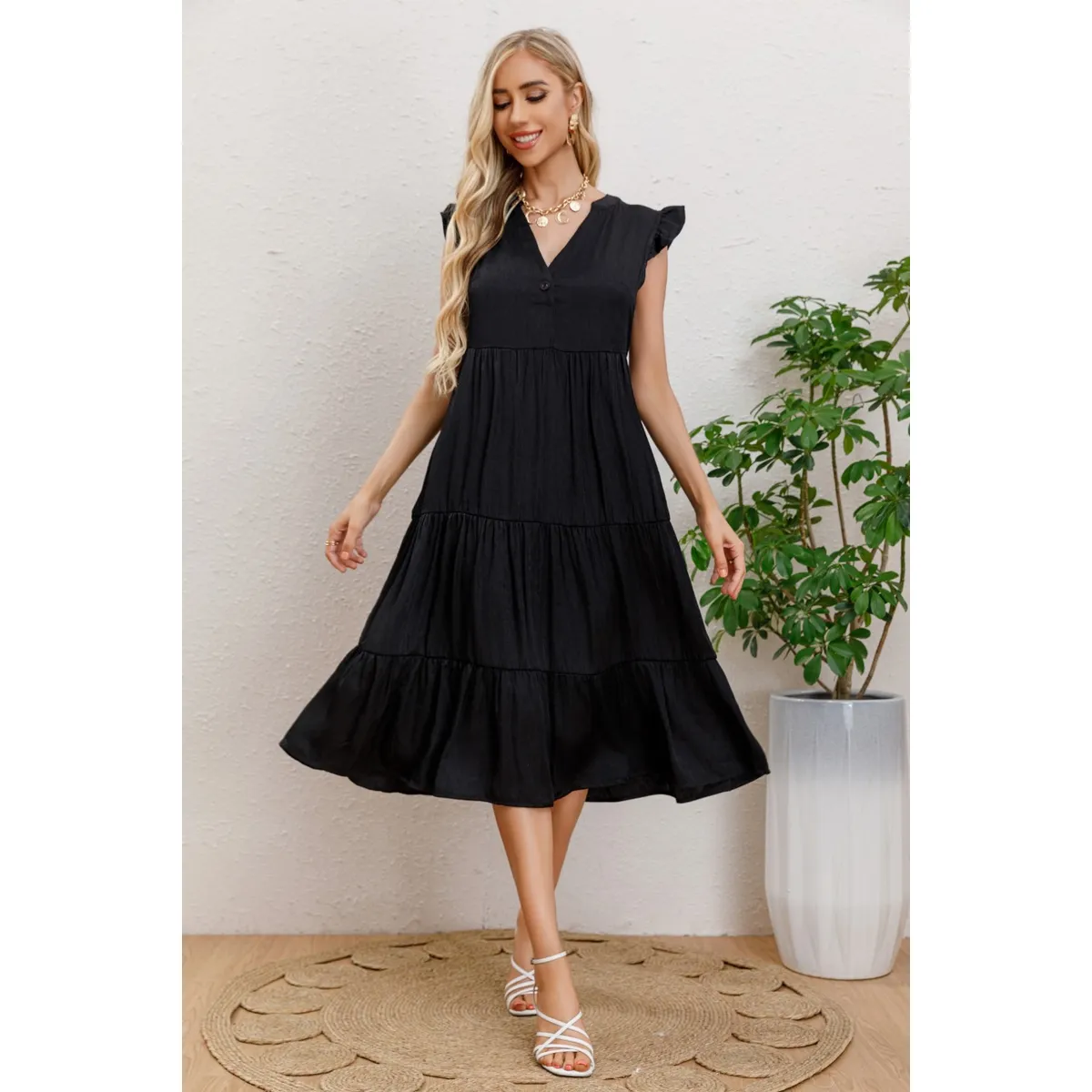 LIKE SHOP - Vestido Largo Algodon Primavera Mujer Cuello Mao Manga corta 3322