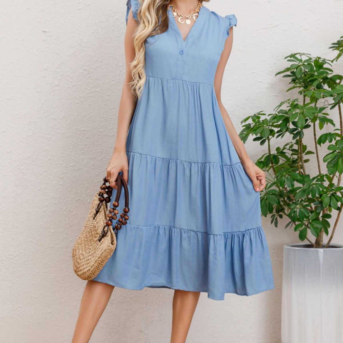 LIKE SHOP - Vestido Largo Algodon Primavera Mujer Cuello Mao Manga corta 3322