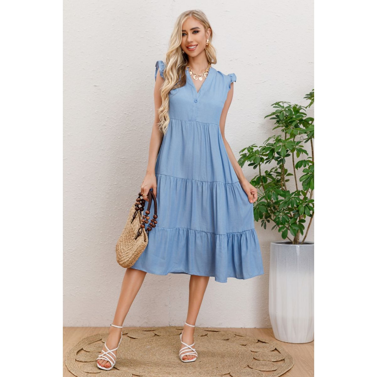 LIKE SHOP - Vestido Largo Algodon Primavera Mujer Cuello Mao Manga corta 3322
