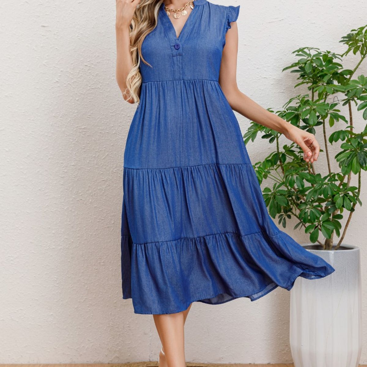 LIKE SHOP - Vestido Largo Algodon Primavera Mujer Cuello Mao Manga corta 3322