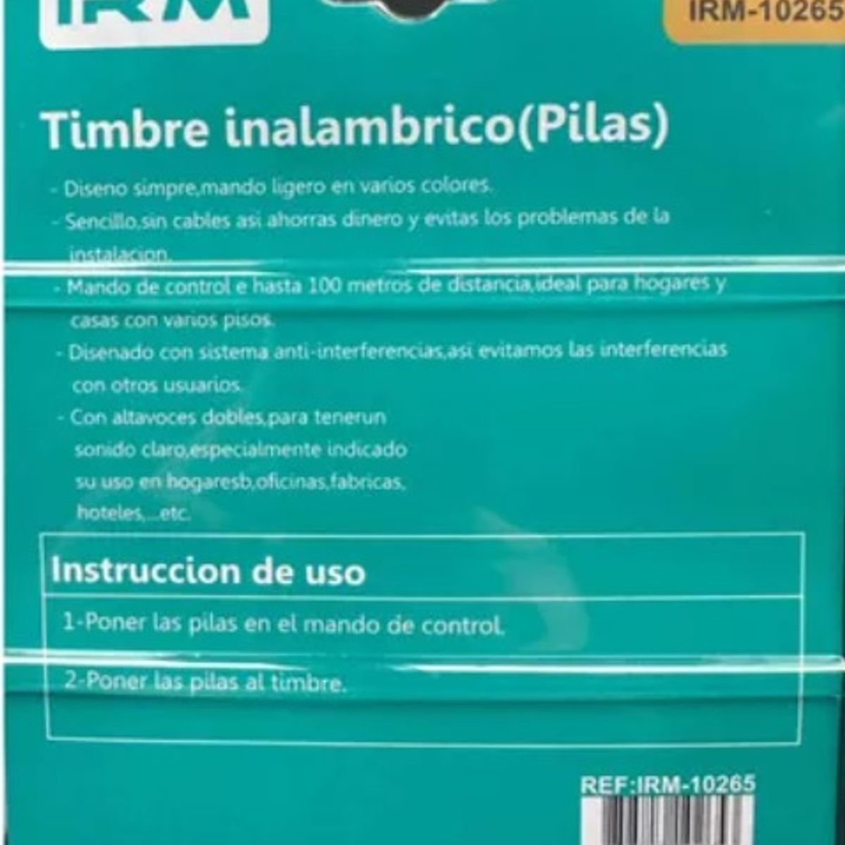 IRM - Timbre Inalámbrico para Casa A Pila Mando A 100 Mts De Distancia