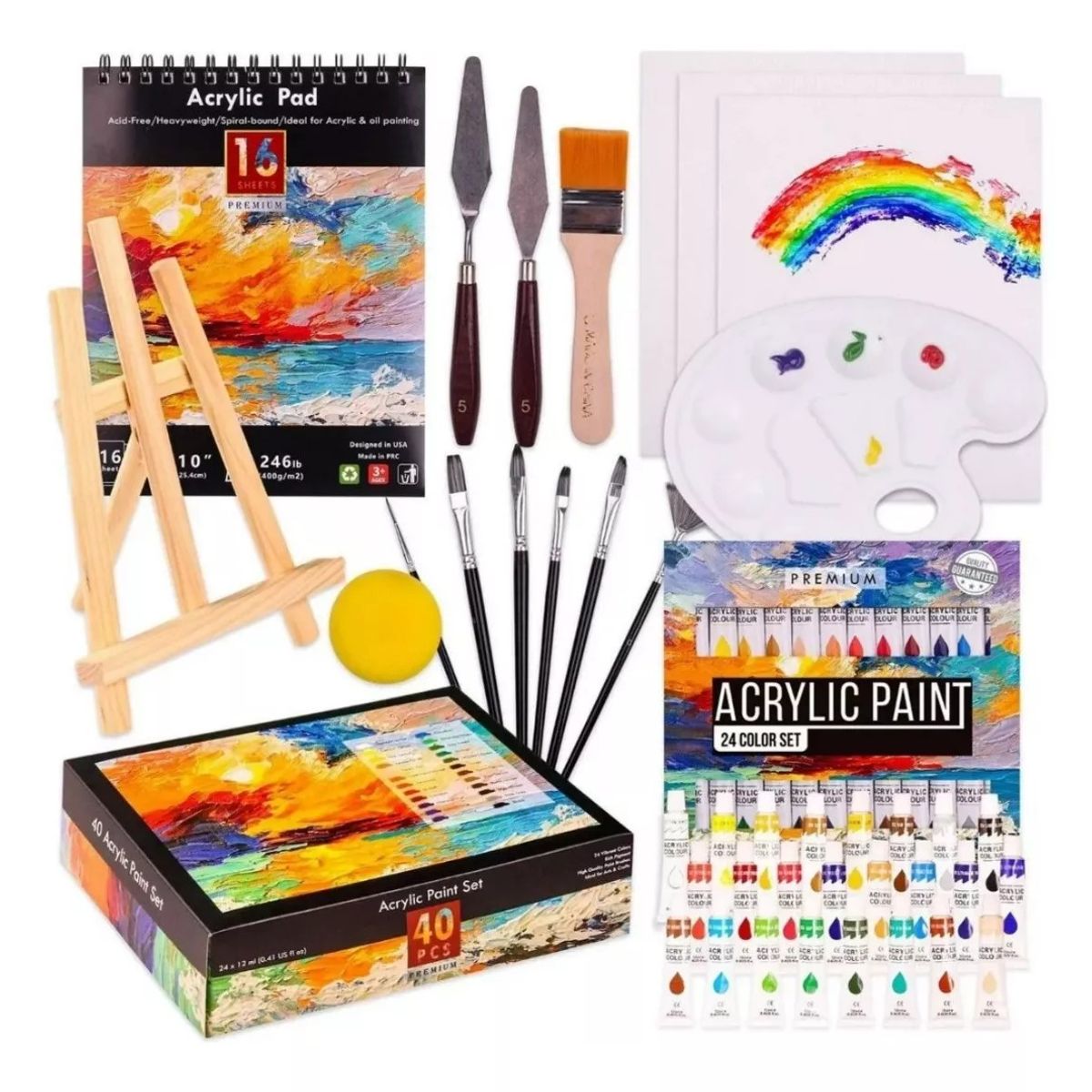 MUNDO MAGIA - Kit 40pcs Lienzo Pintura Acrilica Bastidor Espatulas Pincel