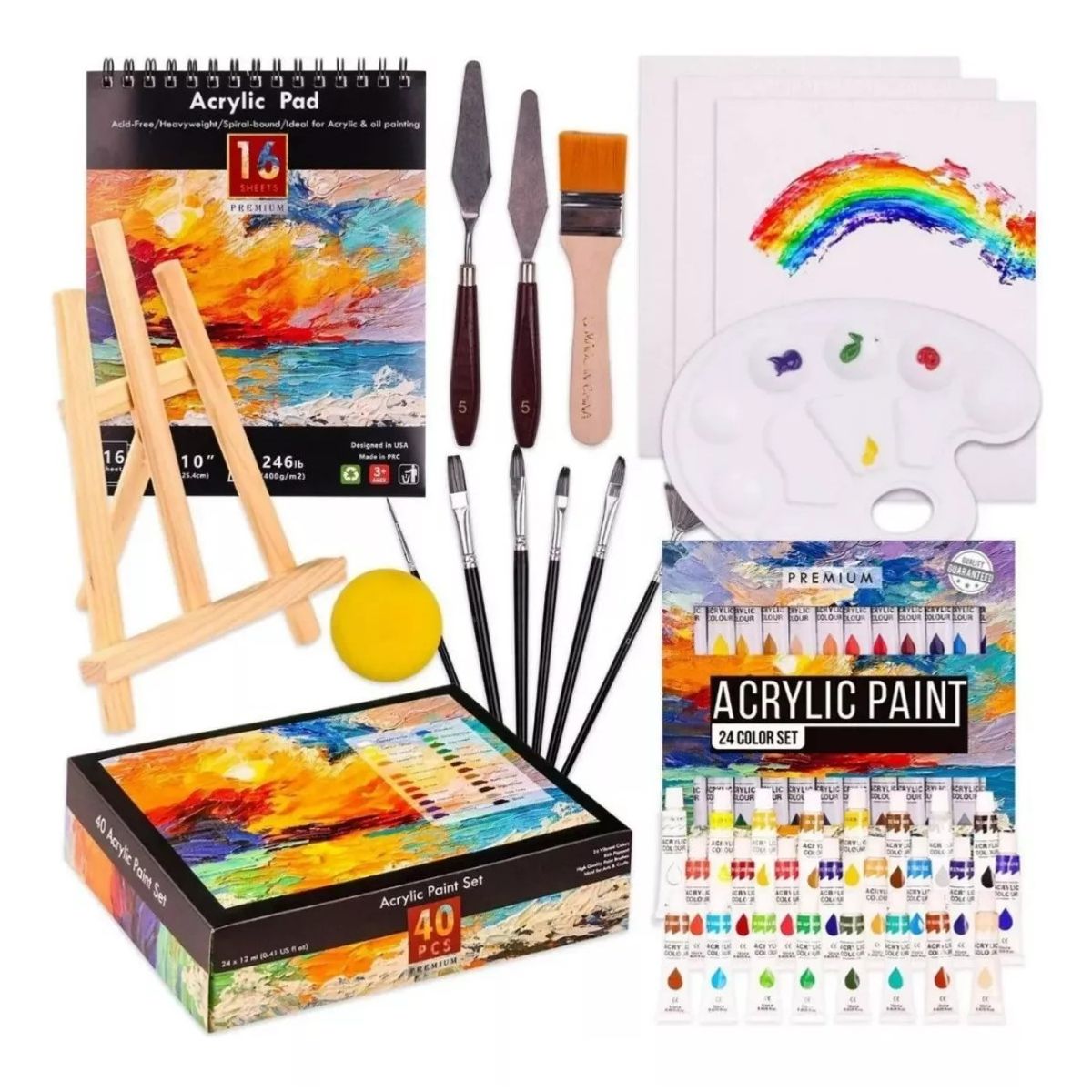 MUNDO MAGIA - Kit 40pcs Lienzo Pintura Acrilica Bastidor Espatulas Pincel