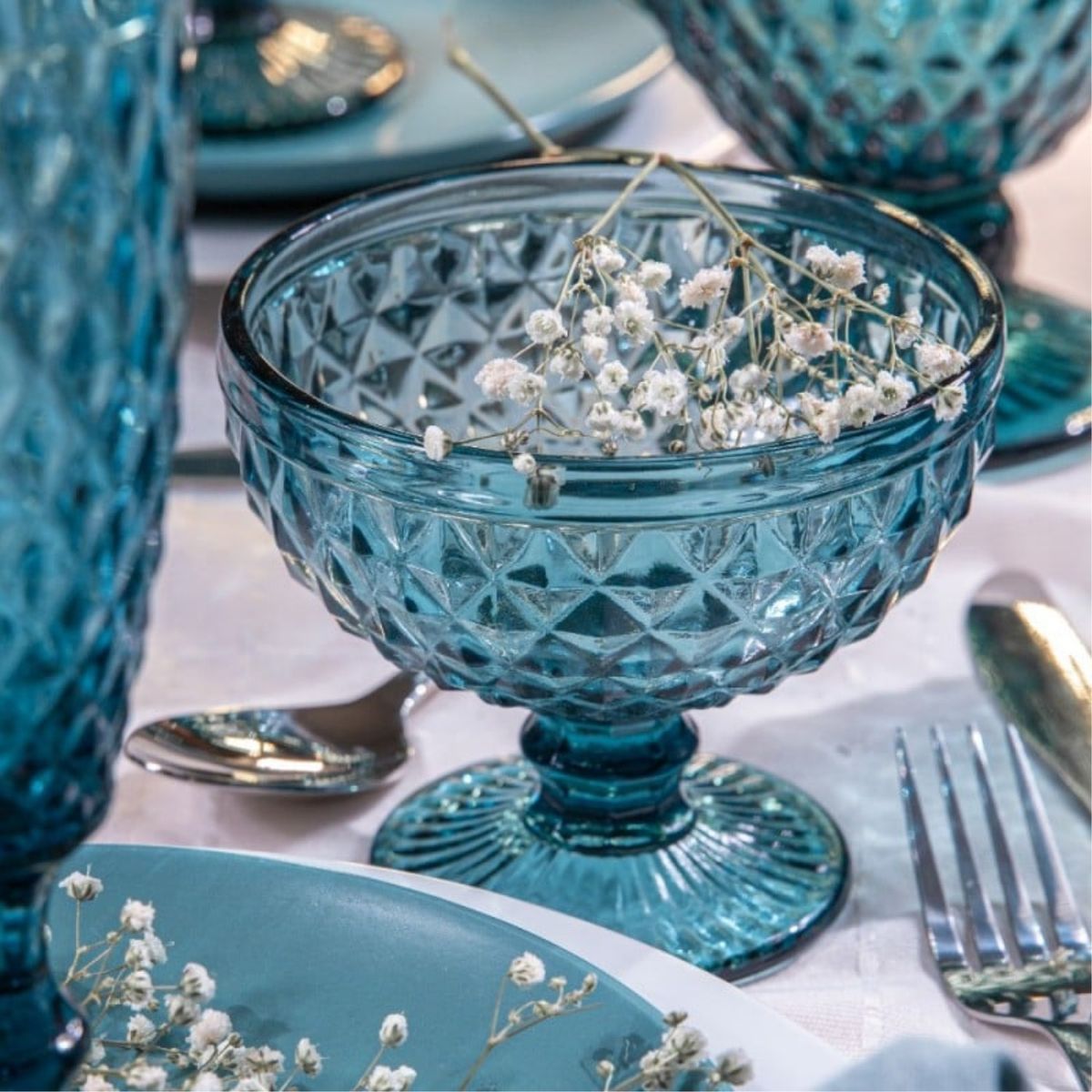 LUGANO - Set 4 Copas Helado 30cl Azul Diamante Vidrio Lugano