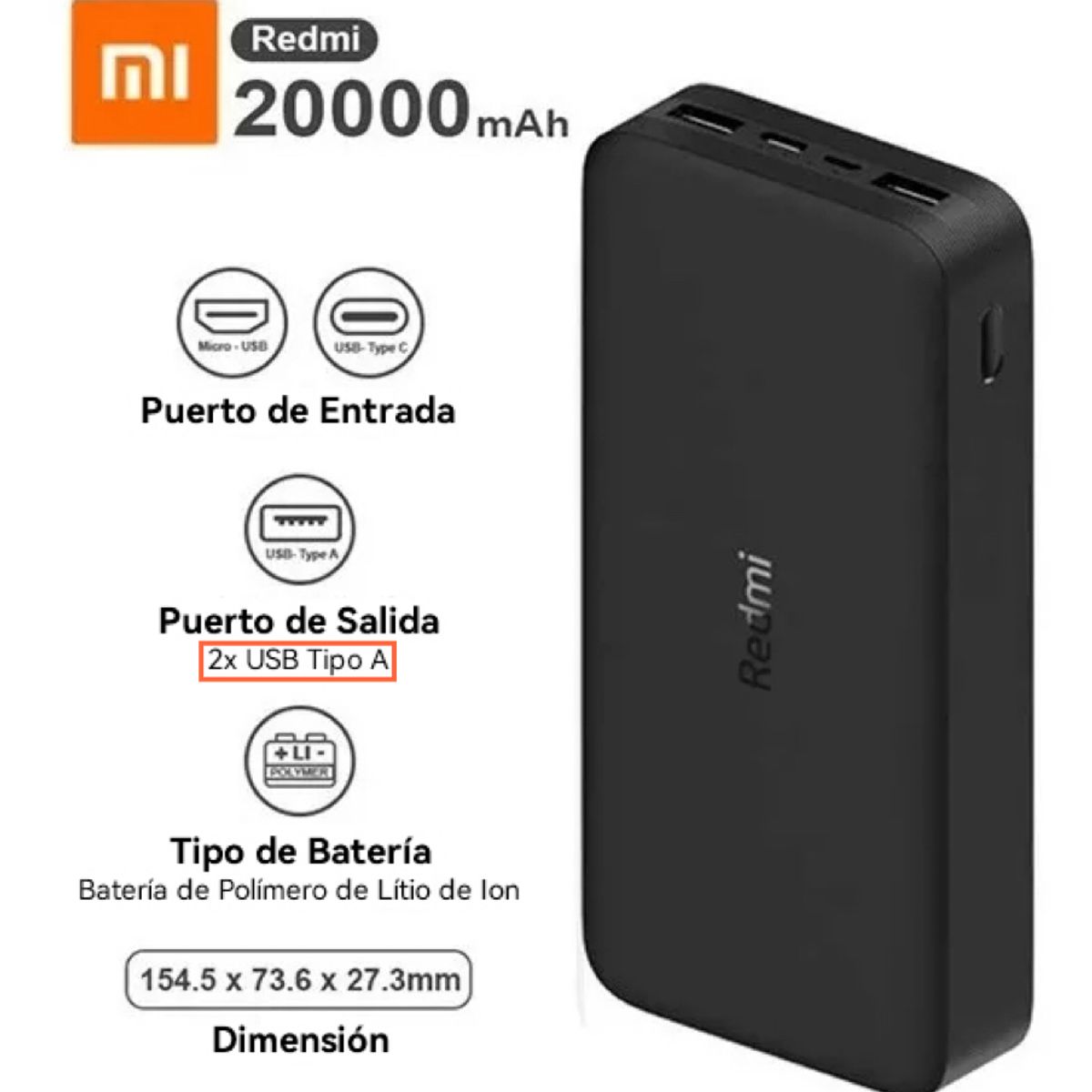XIAOMI - Xiaomi Redmi Power Bank 20000 mAh 18W Carga Batería Externa Rapida
