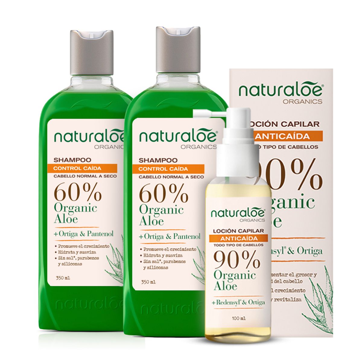 NATURALOE - Set 2 Shampoo Cont Caida Normal a Seco + 1 Loción Anticaída