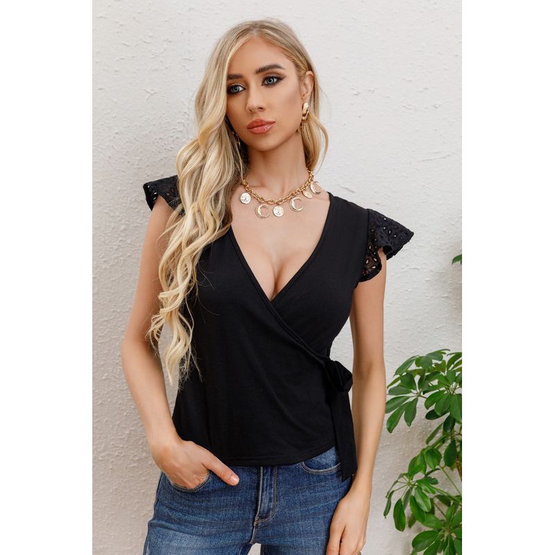 MPROPIA - Polera Mujer Algodon Elasticada Manga Corta Broderie Cuello V 3315