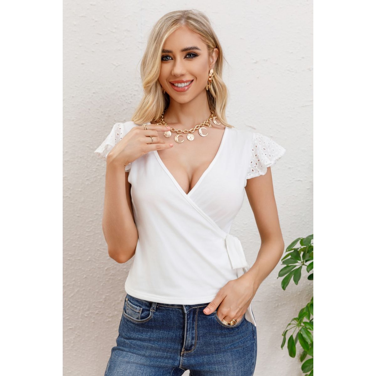 LIKE SHOP - Polera Mujer Algodon Elasticada Manga Corta Broderie Cuello V 3315