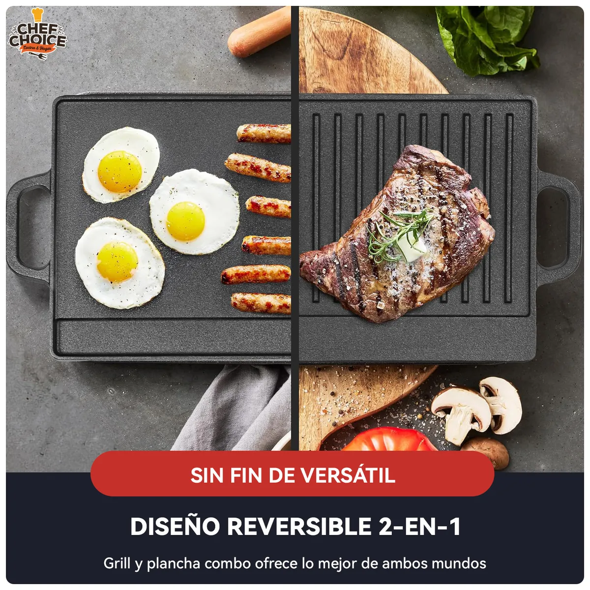 CHEFCHOICE - 2 En 1 Sarten Churrasquera Reversible Hierro Fundido 50x23cm
