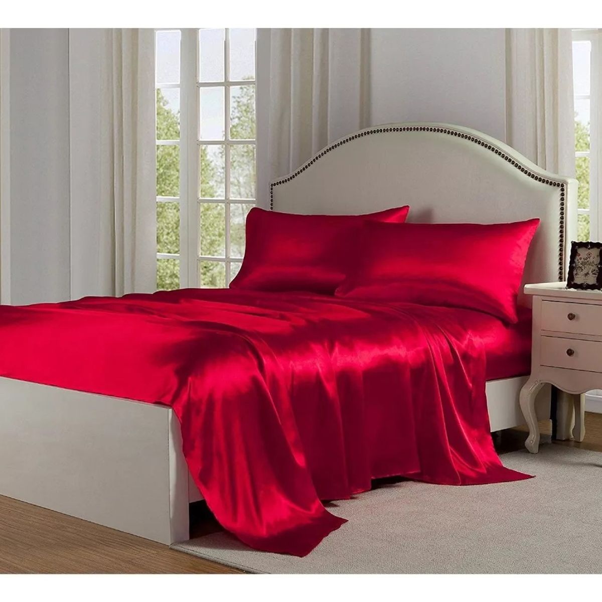 MUNDO MAGIA - Juego De Sábanas Color Rojo De Satín 2 Plazas-4 Piezas