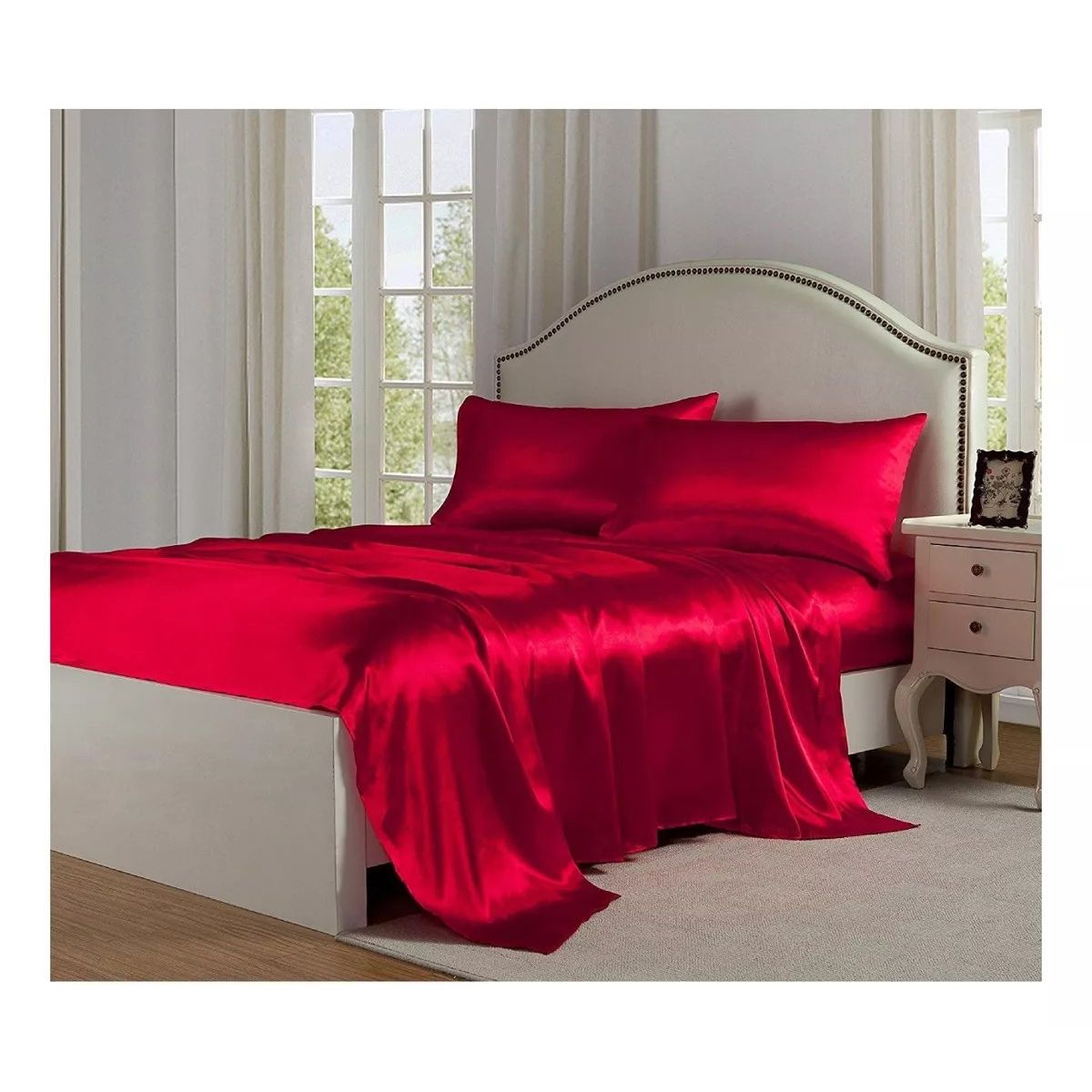 MUNDO MAGIA - Juego De Sábanas Color Rojo De Satín 2 Plazas-4 Piezas