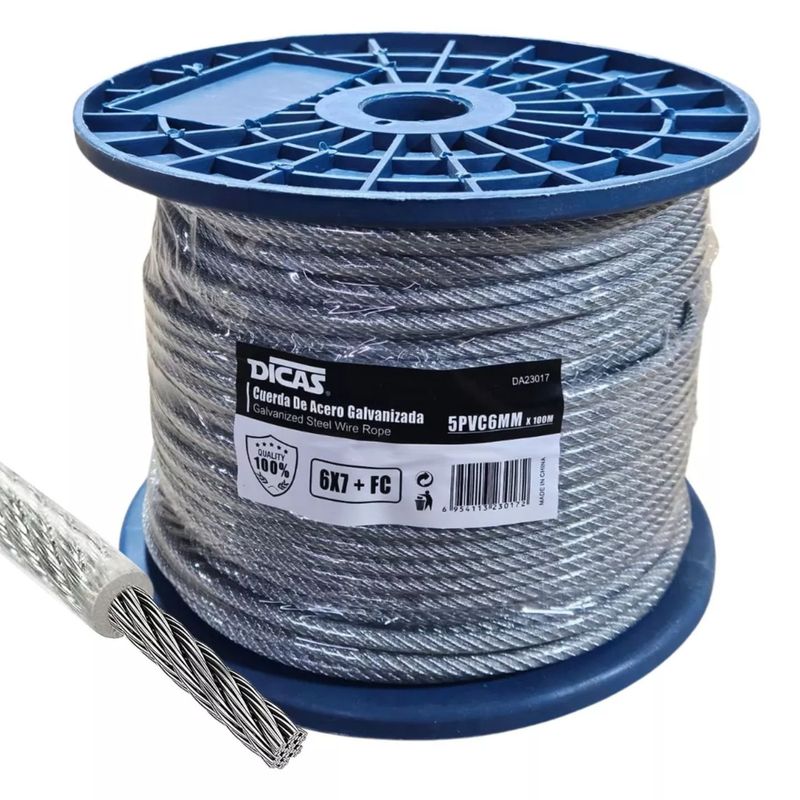GENERICO - Piola Cable De Acero Galvanizado Forrado Pvc 5 Mm 100 Metros Dicas