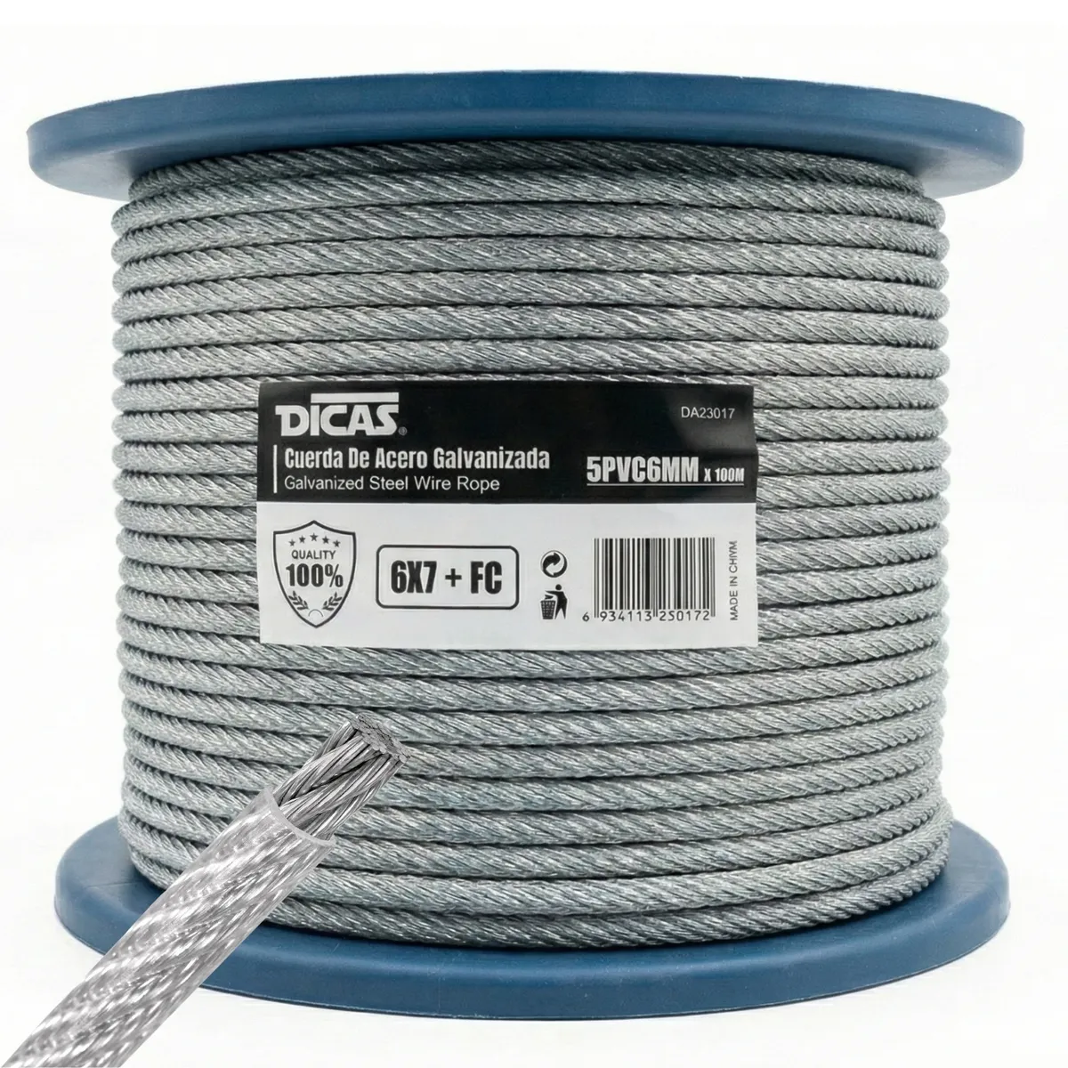 DICAS - Piola Cable De Acero Galvanizado Forrado Pvc 5 Mm 100 Metros Dicas