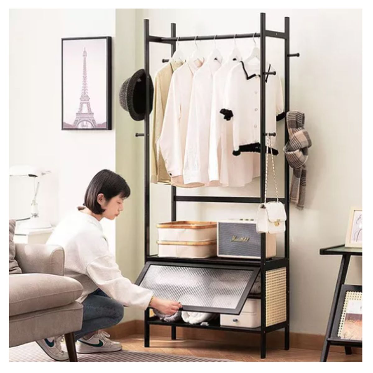 IDEEHOUSE - Perchero Madera De Ropa 1 Cajon Con Diseño Ratan