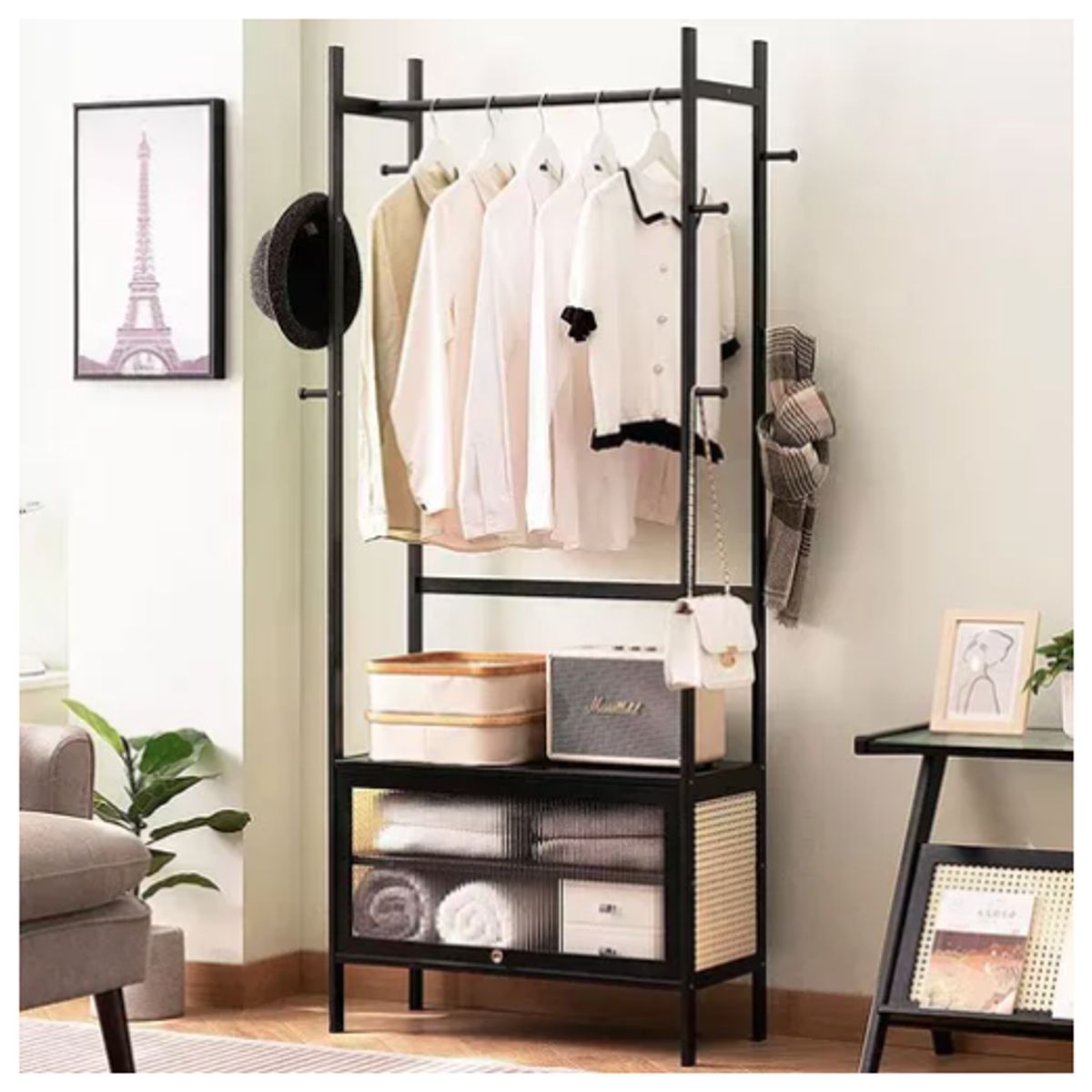 IDEEHOUSE - Perchero Madera De Ropa 1 Cajon Con Diseño Ratan