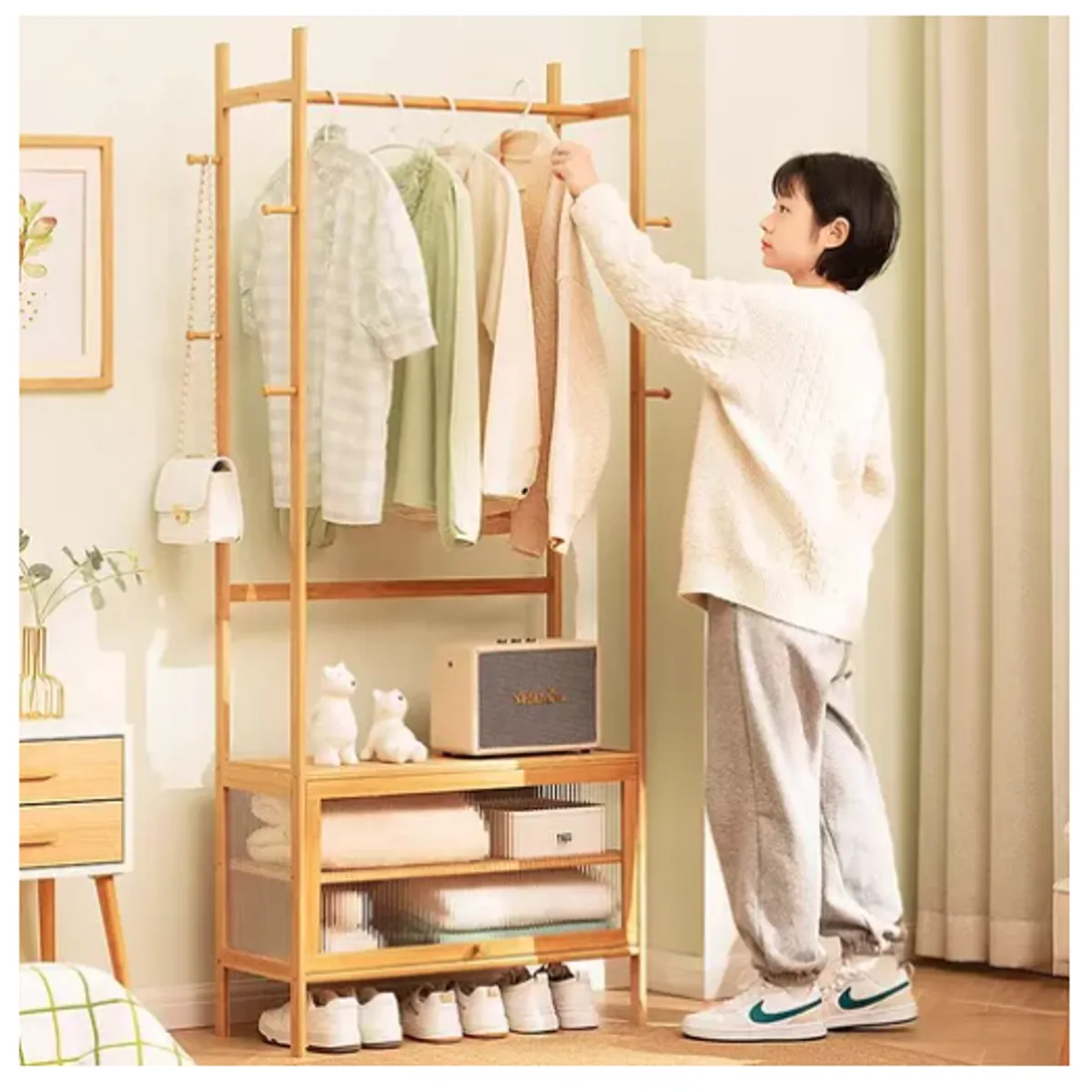 IDEEHOUSE - Perchero Madera De Ropa 1 Cajon Con Diseño Ratan