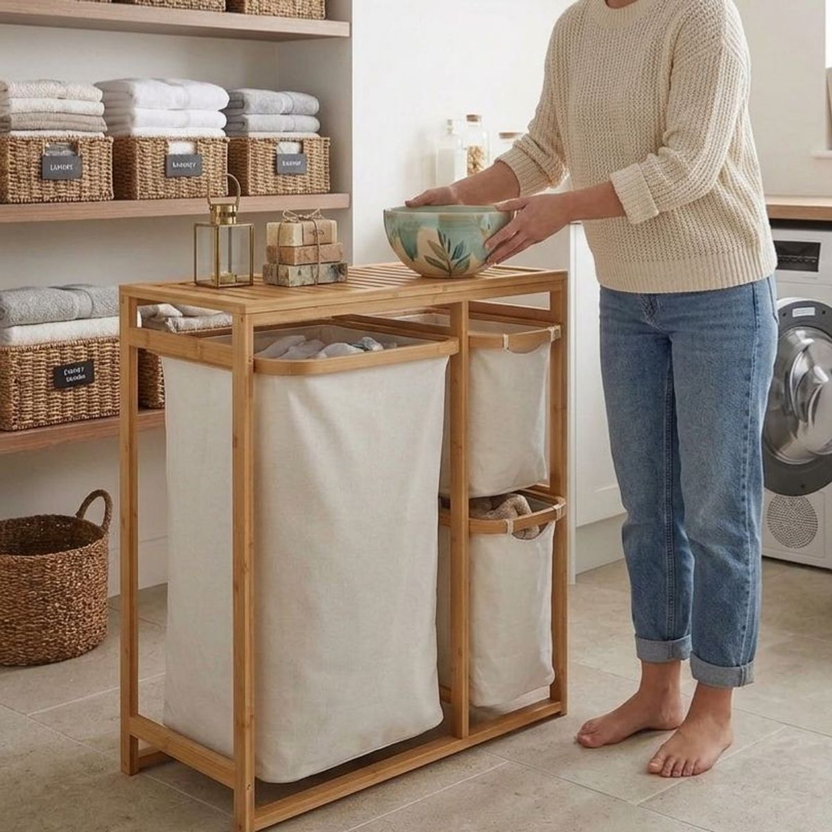 WAKESHOME - Cesto De Ropa Sucia Armable De Bambú Con Canastos Desplegables