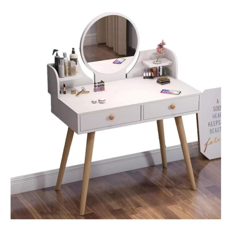 GENERICO - Tocador De Madera Con Espejo 2 Cajones Blanco 60x40x73cm