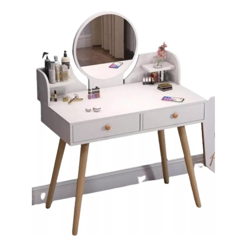 GENERICO - Tocador De Madera Con Espejo 2 Cajones Blanco 60x40x73cm