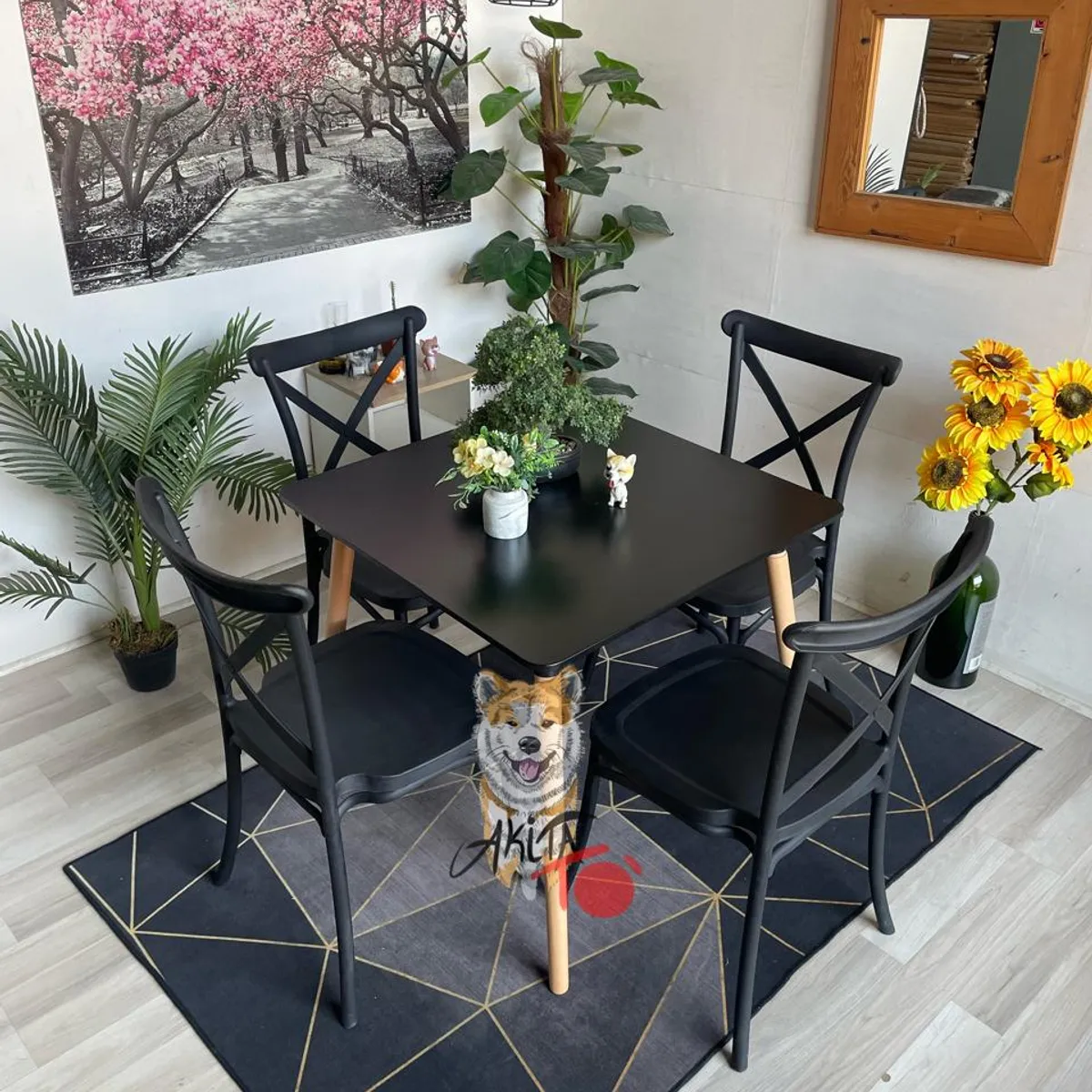 GENERICO - Comedor Congo (Mesa cuadrada melamina negra + 4 Crossback negras)